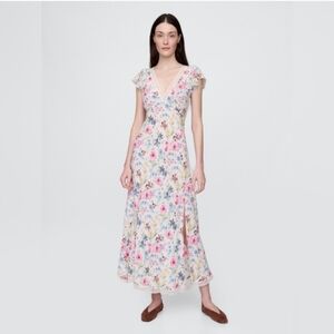 Gap Lace-Trim V-Neck Crepe Maxi Dress Multi Color Floral
